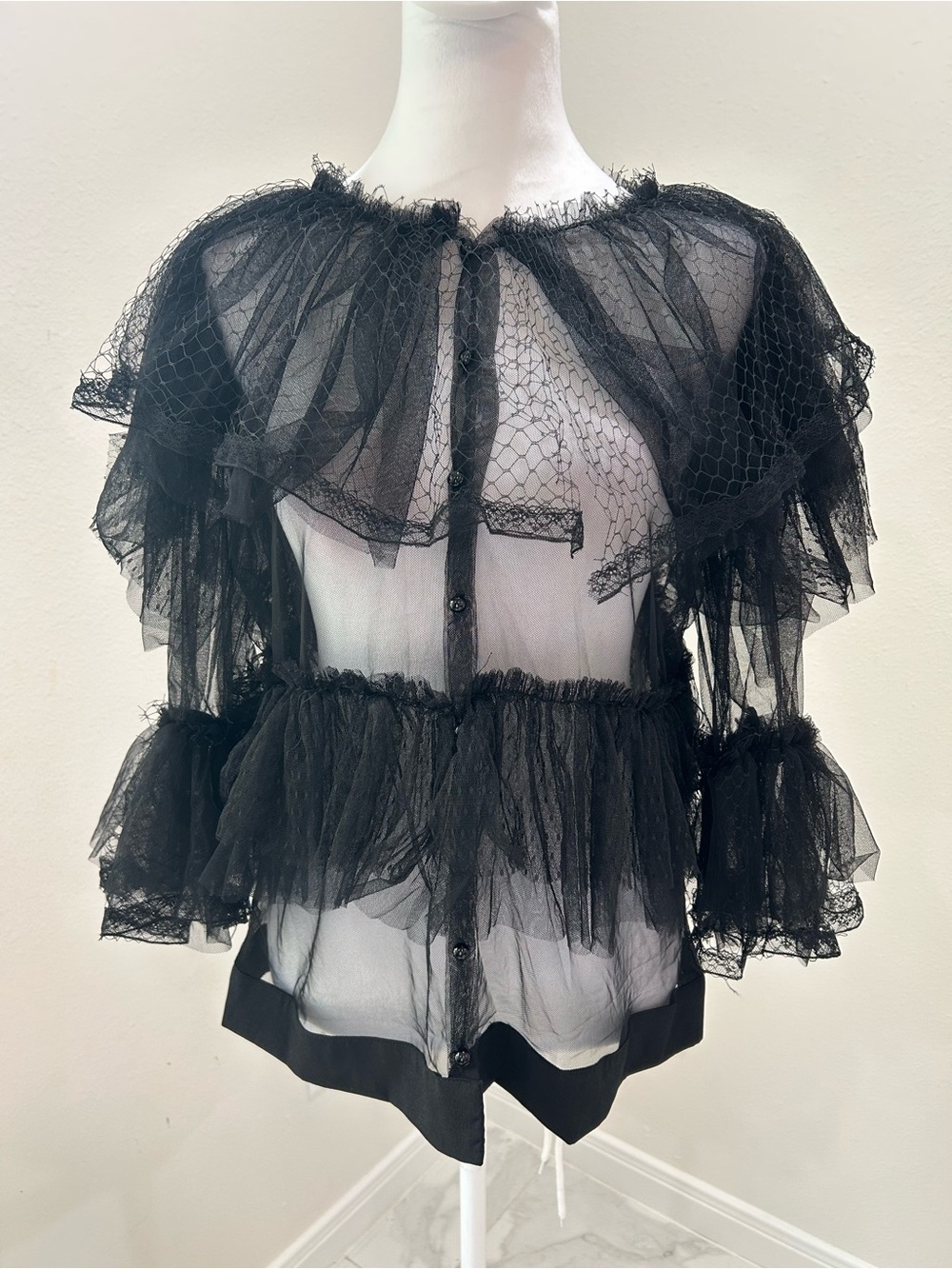 For Her Sheer Black Ruffled Tulle Women's Blouse, Size M